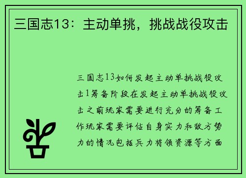 三国志13：主动单挑，挑战战役攻击